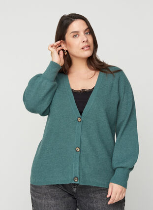 Short knitted cardigan with buttons, Sea Pine Mel., Model image number 0