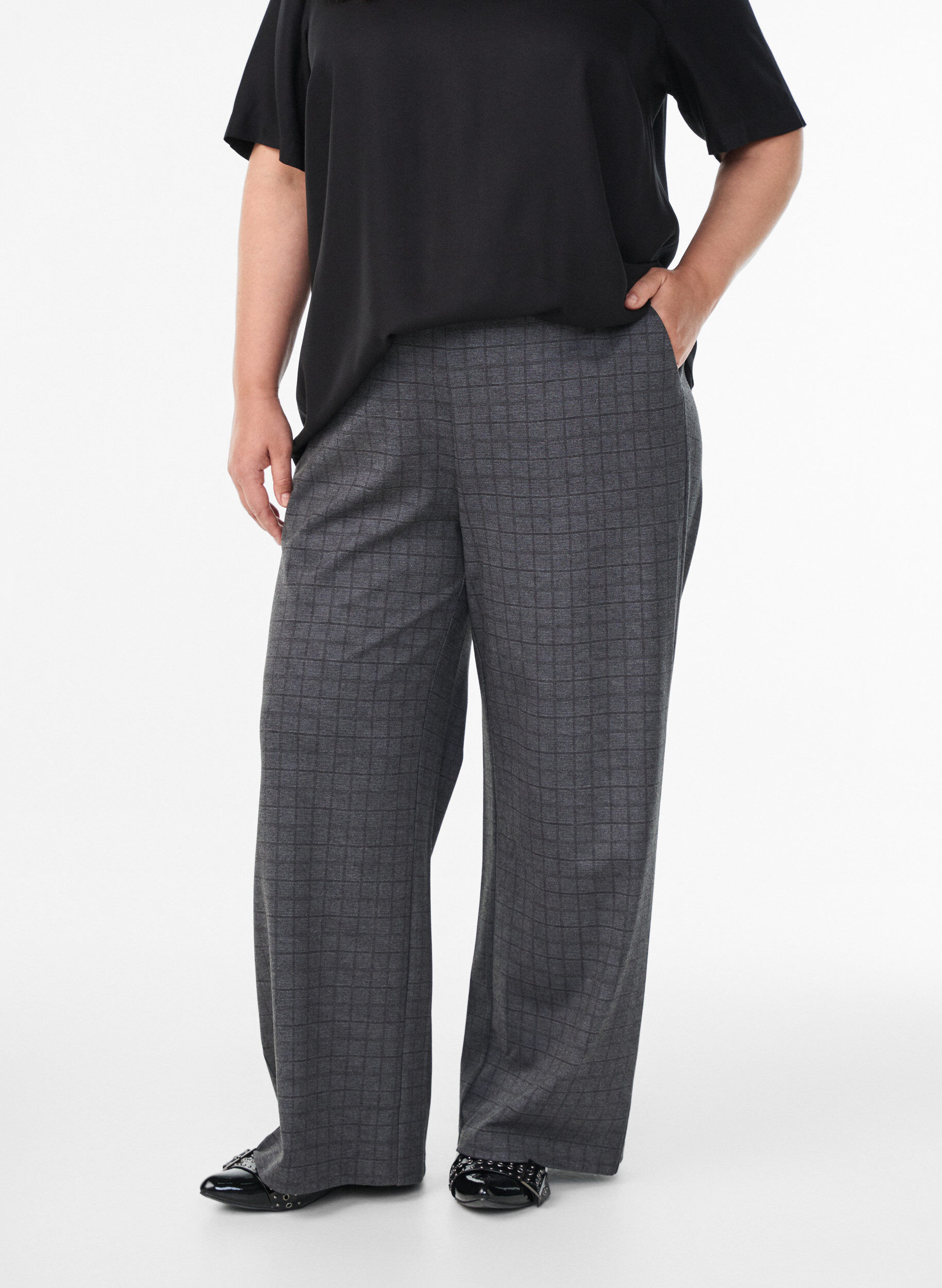 Zizzifashion Checked trousers with wide legs, Grey, Model image number 2