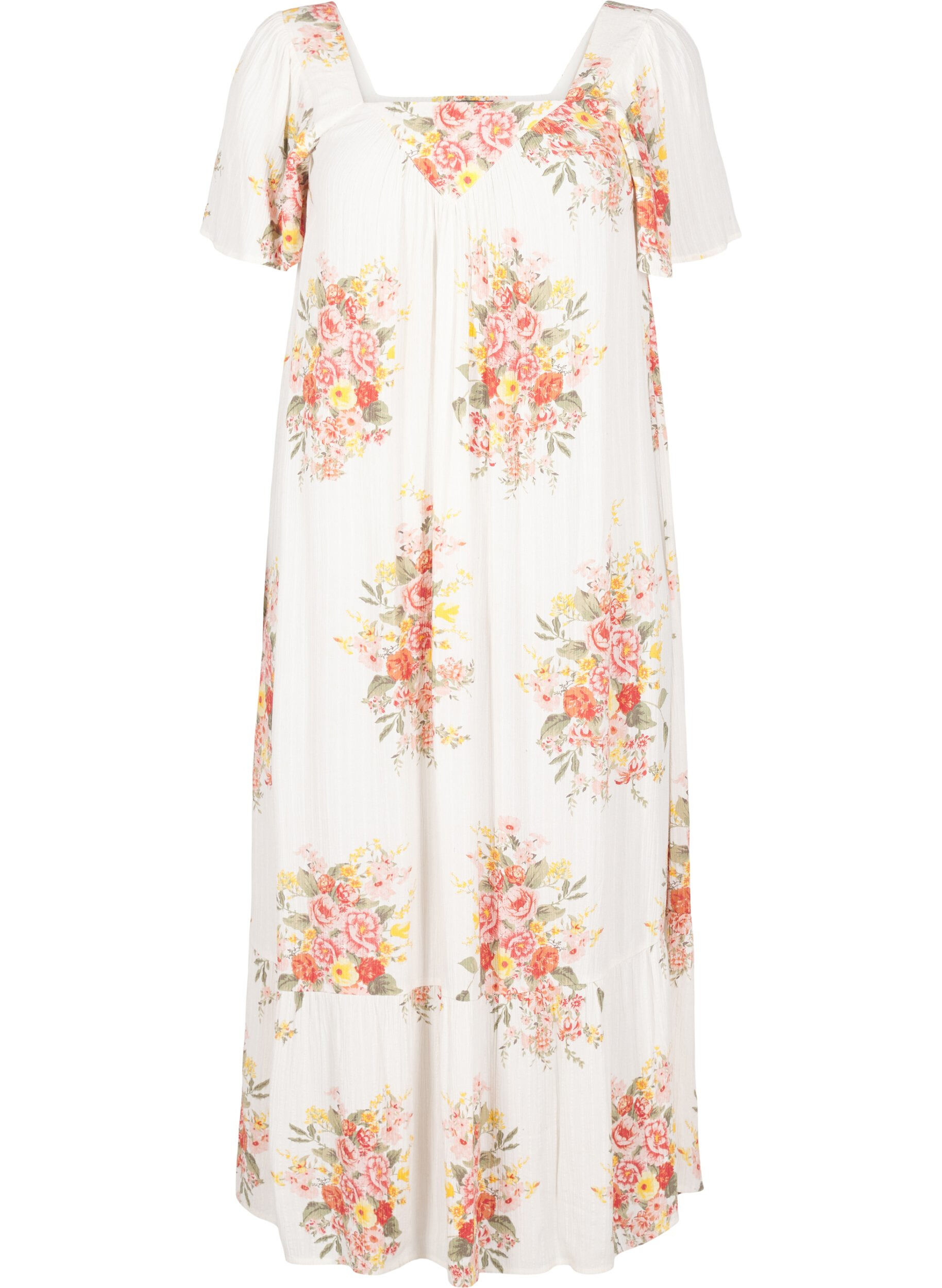 Zizzifashion Long dress with a square neckline and floral motifs, Eggnog Flower, Packshot image number 0