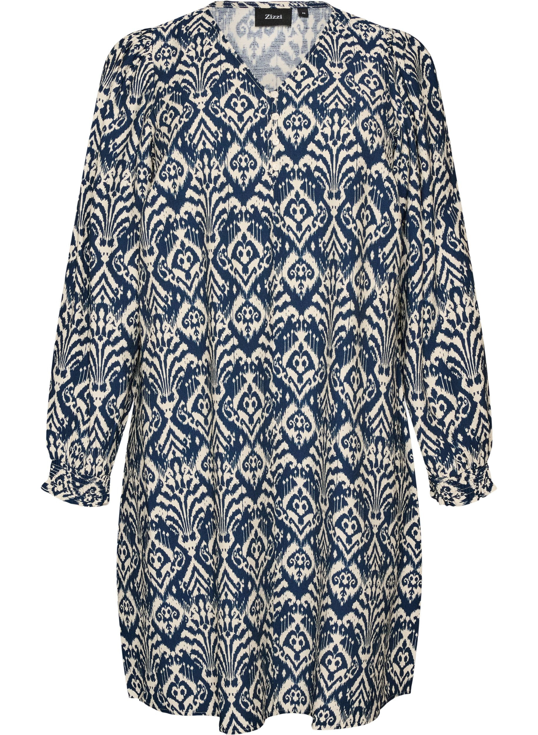 Patterned viscose dress with long sleeves