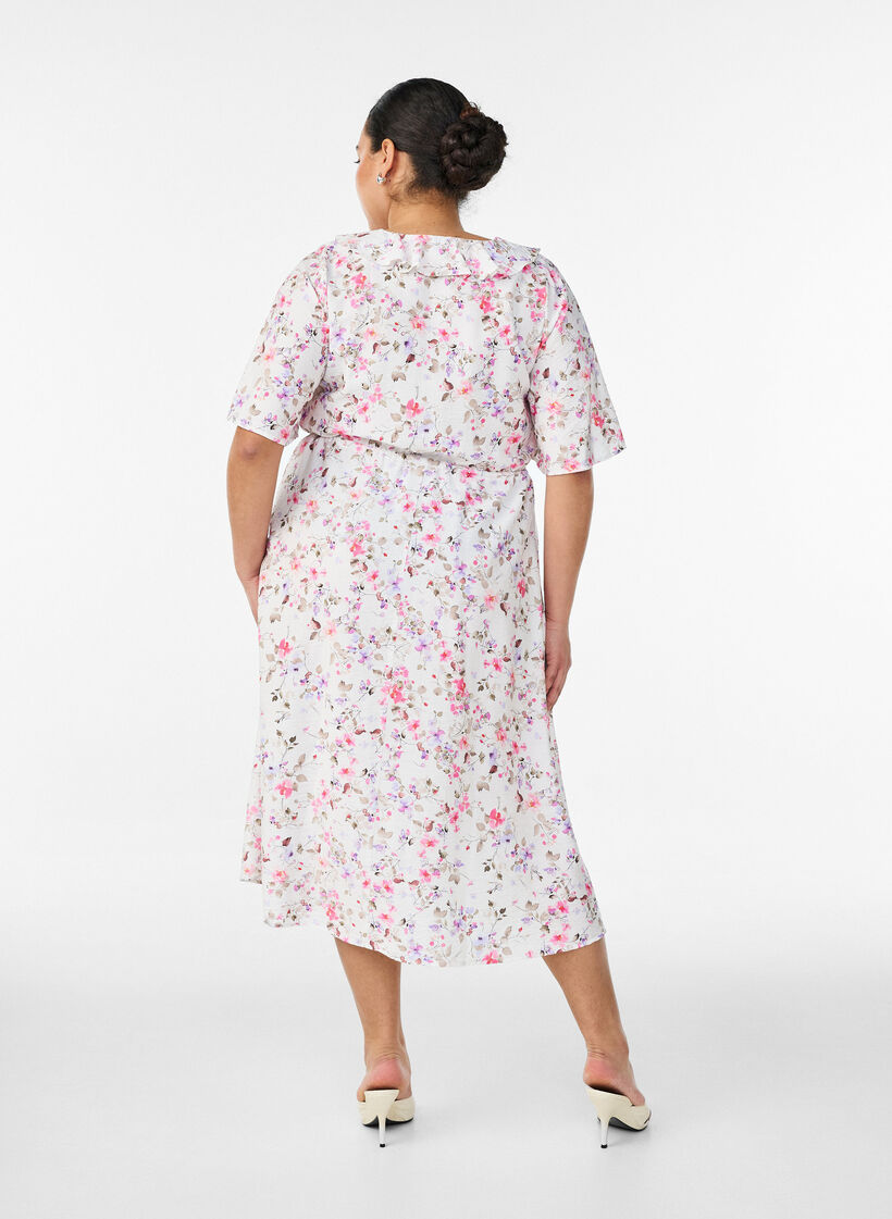 Viscose midi dress with a floral print and ruffle collar, Vanilla, Model image number 1
