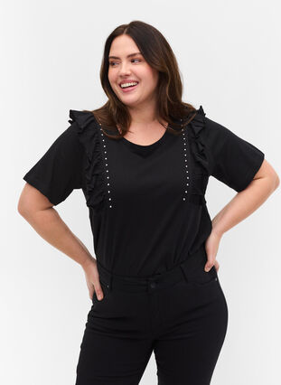 Cotton t-shirt with frills and rivets, Black, Model image number 0