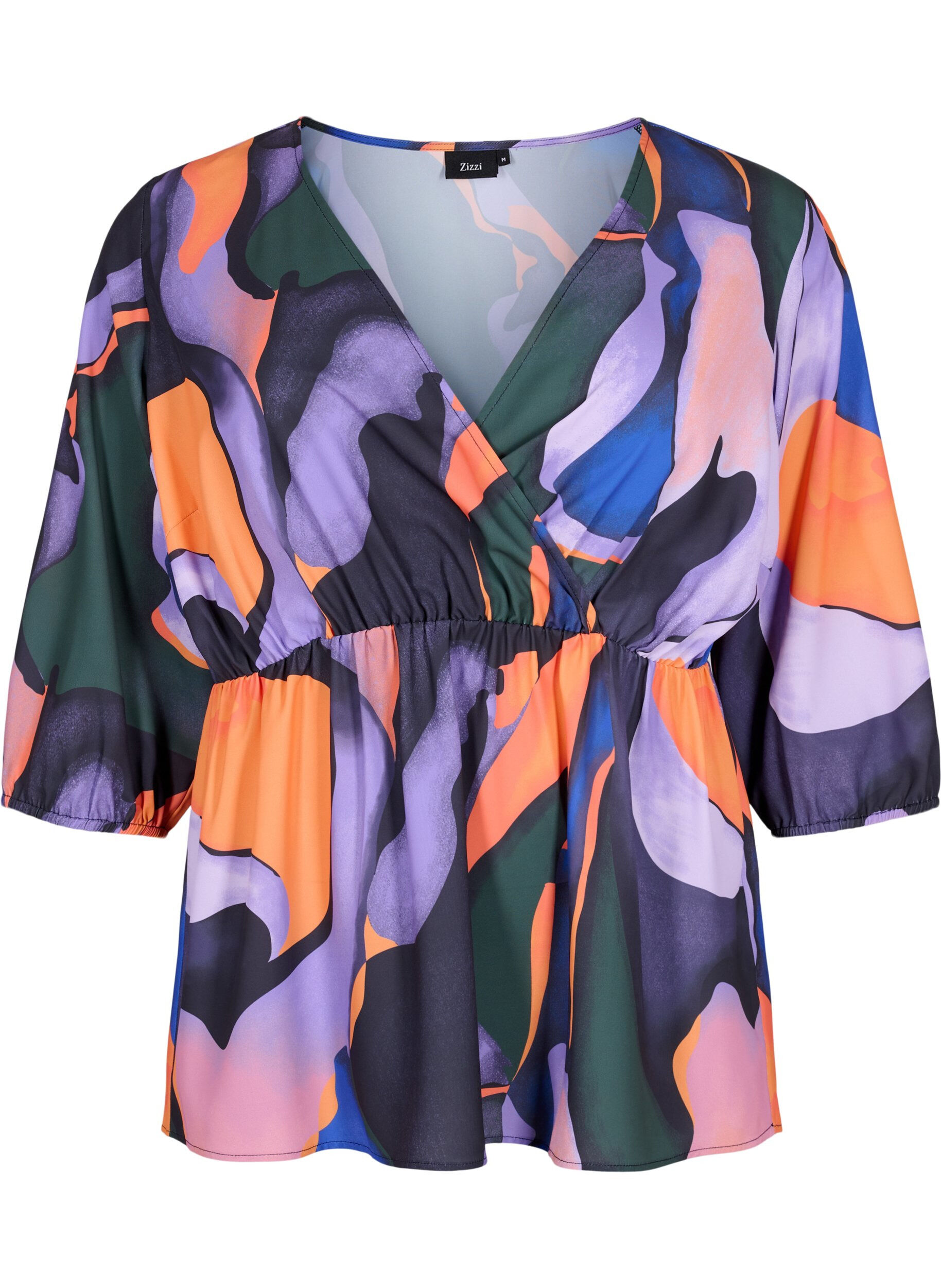 Zizzifashion Printed blouse with wrap-look and 3/4 sleeves, Big Scale Print, Packshot image number 0