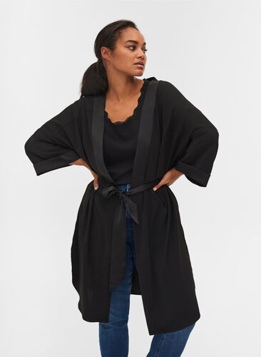 Tie waist kimono, Black, Model image number 0