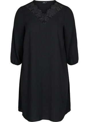 Dress with lace and 3/4 length sleeves, Black, Packshot image number 0