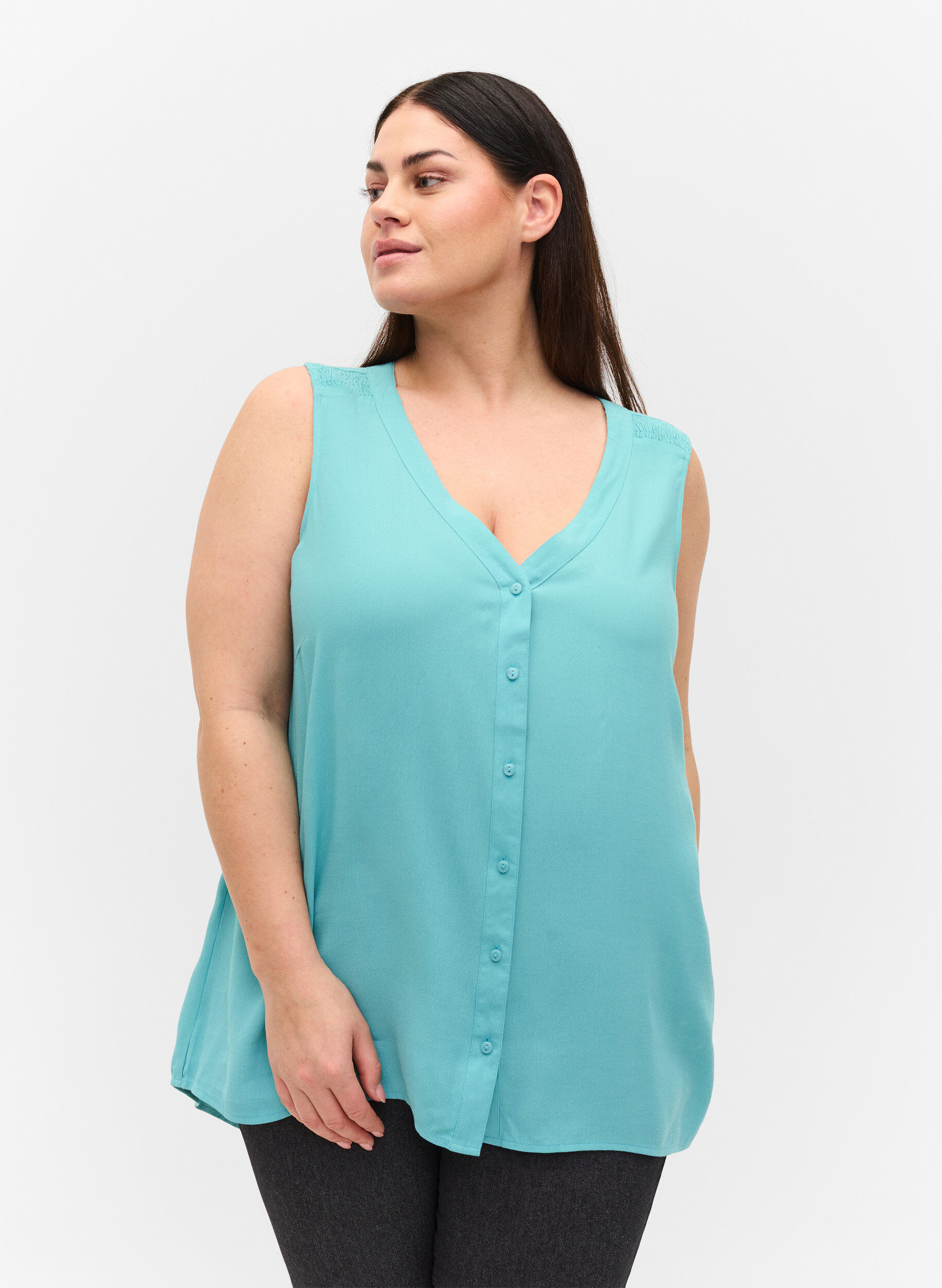 Zizzifashion Viscose top with buttons, Aqua Sea, Model image number 0
