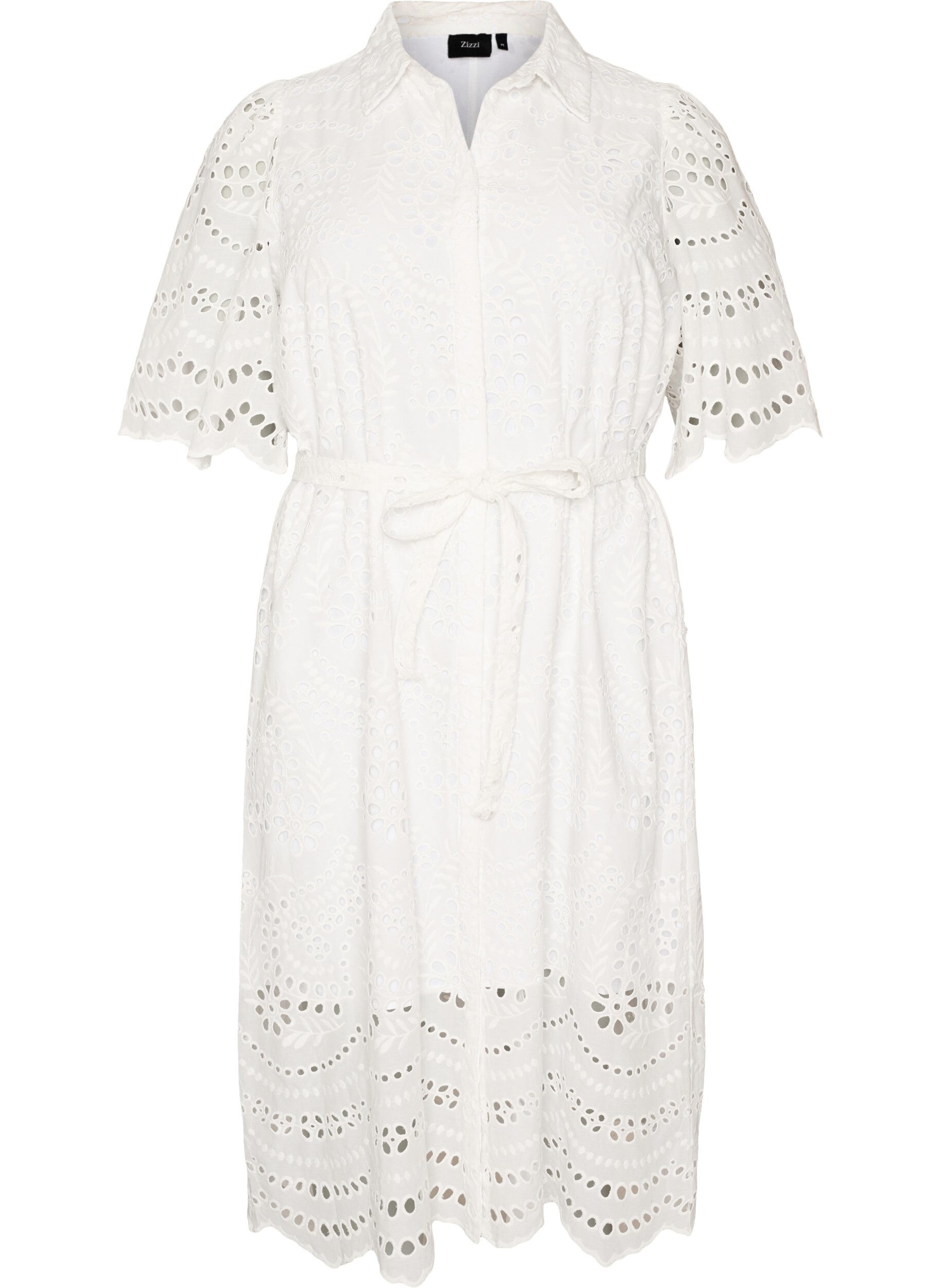 Shirt dress in broderie anglaise with a tie-belt