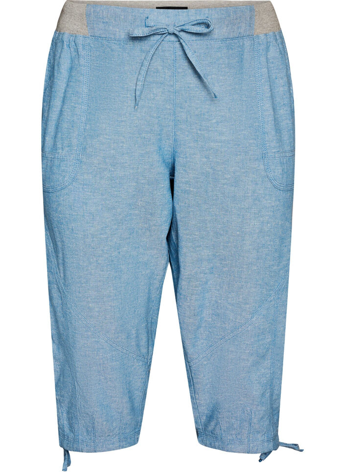 Cotton and linen Capri trousers with an elasticated waist and tie-string, Blue, Packshot image number 0