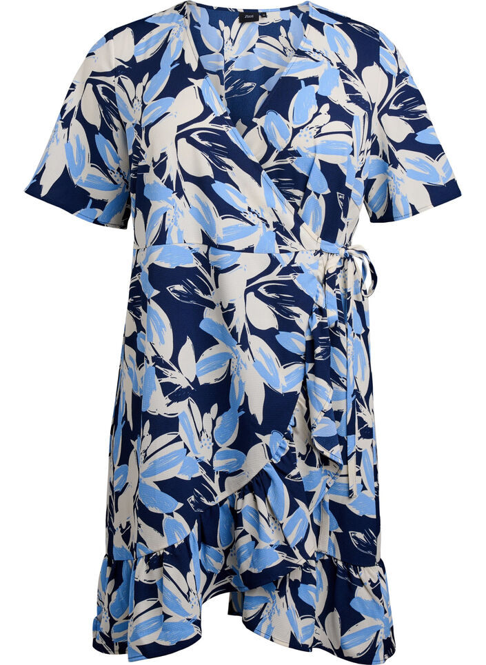 Floral wrap dress with short sleeves, Blue, Packshot image number 0
