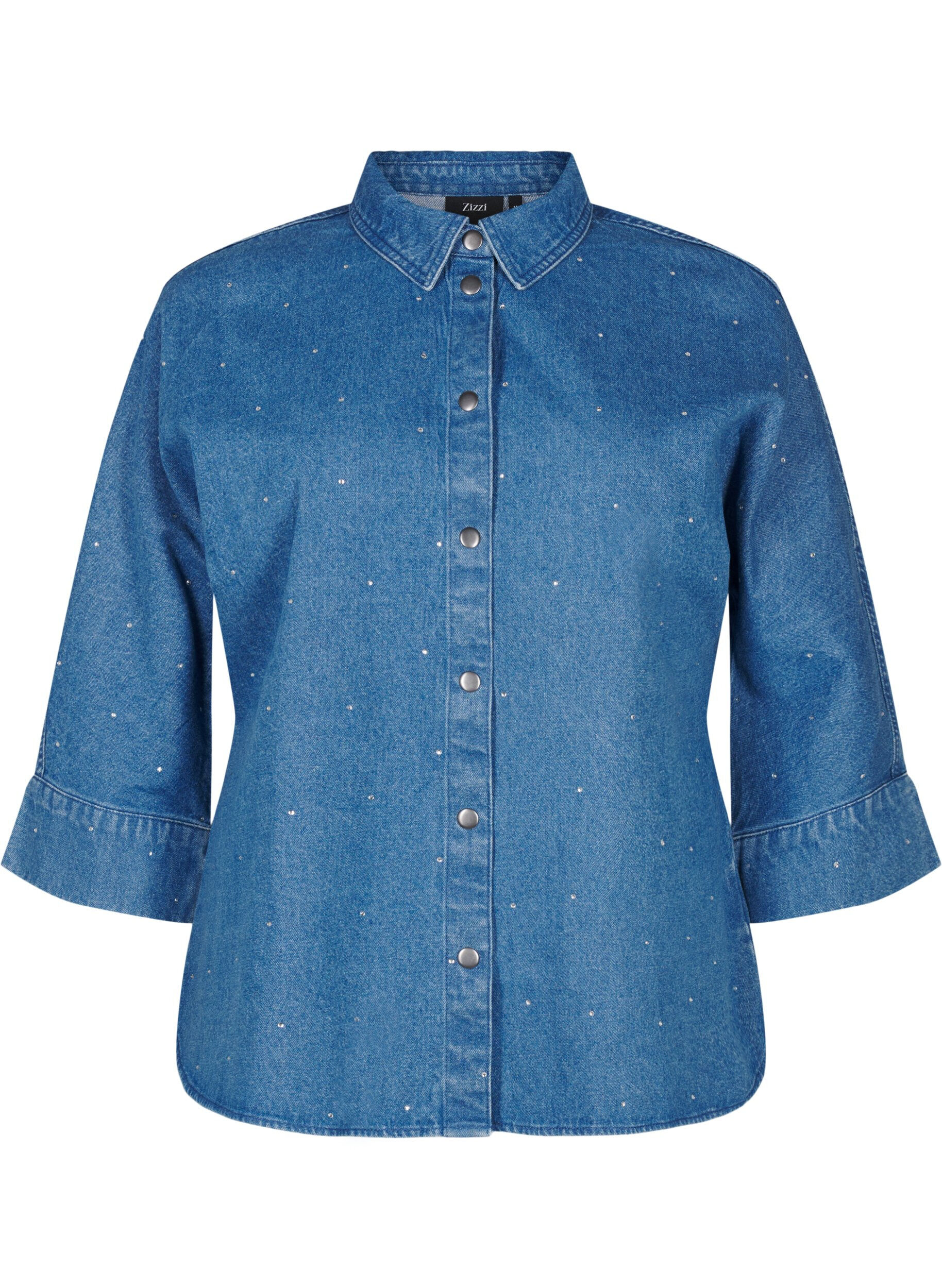 Zizzifashion Denim shirt with rhinestones and 3/4 sleeves, Bl. Denim Rhinestone, Packshot image number 0