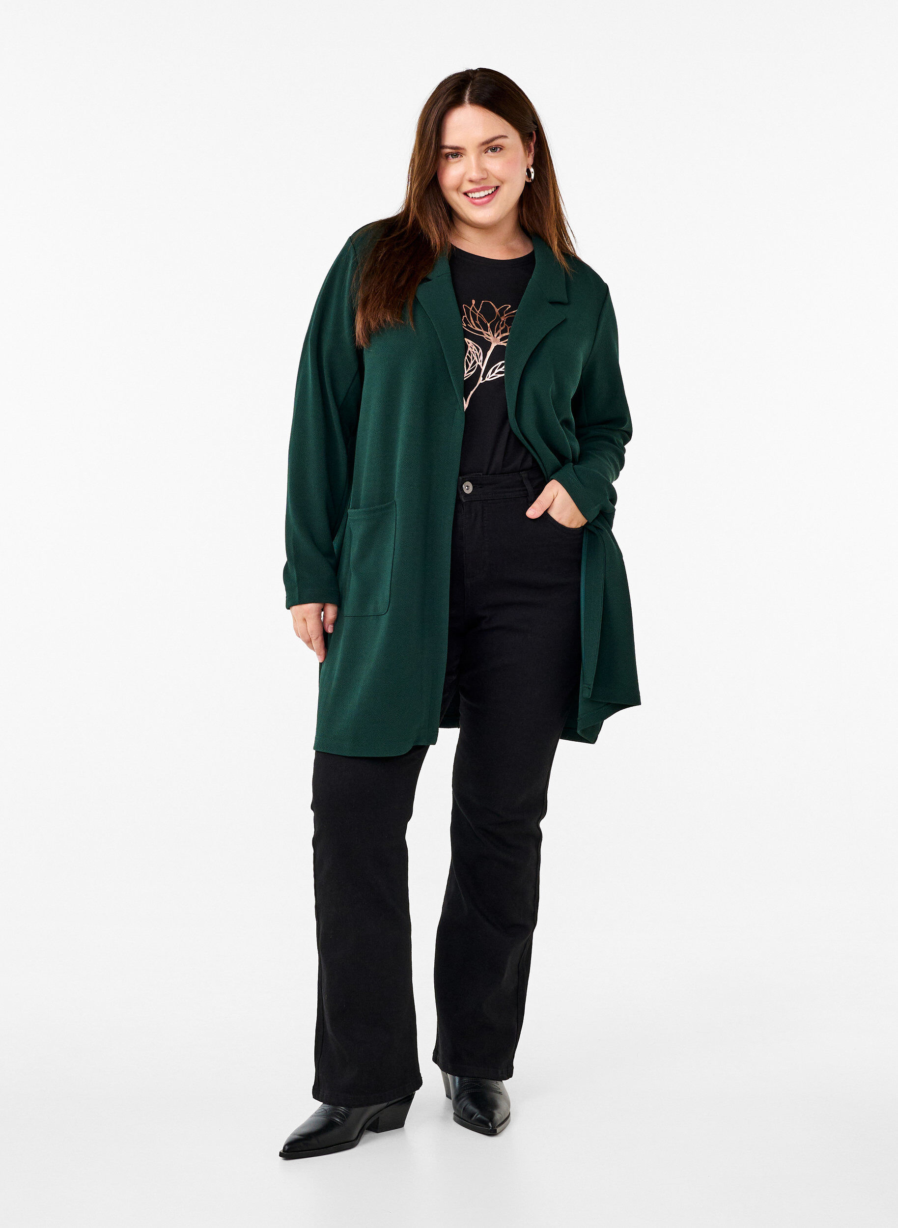 ZizzifashionLong blazer with pockets, Green, Model image number 1