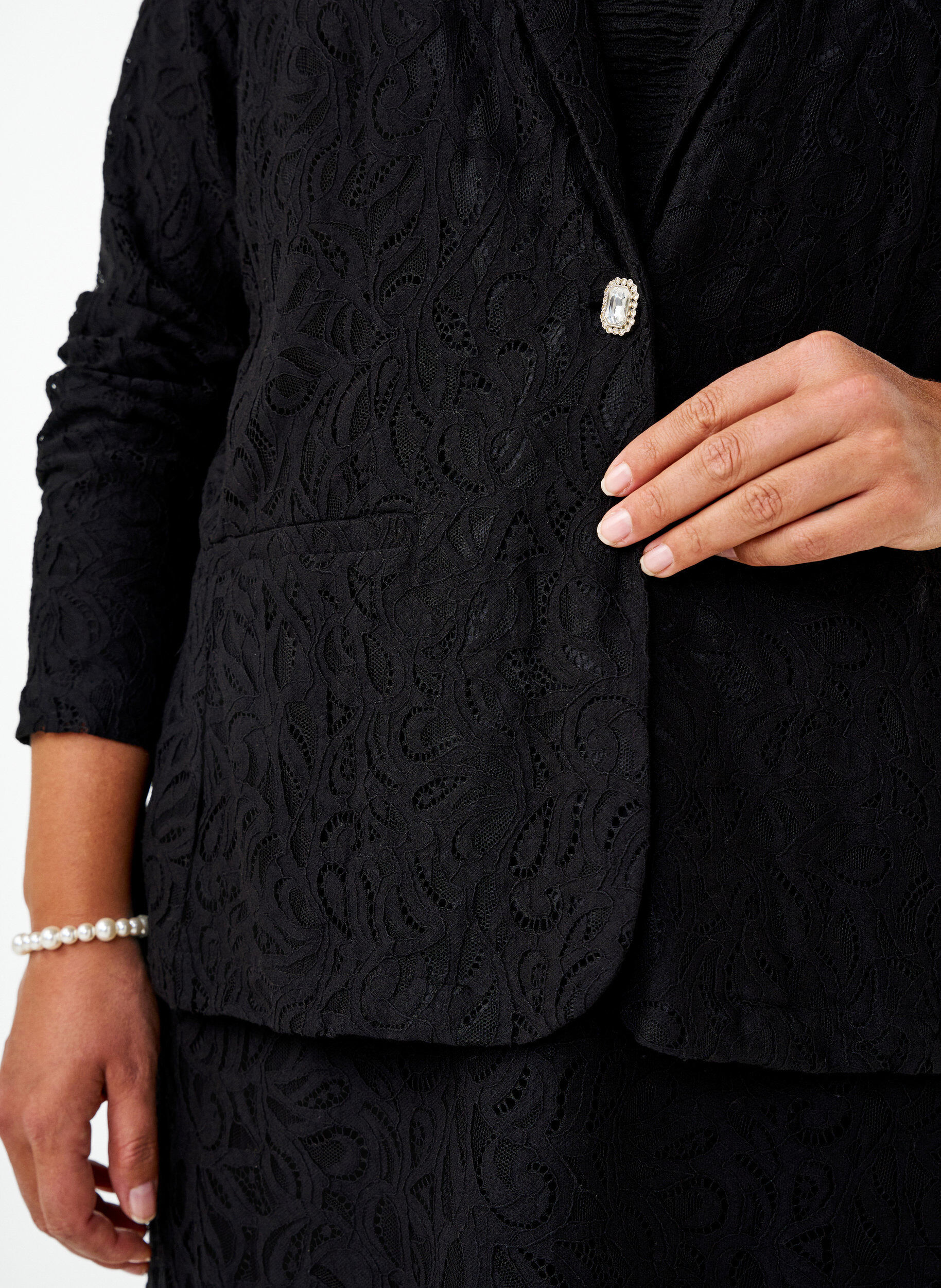 Zizzifashion Lace blazer with pockets, Black, Model image number 2