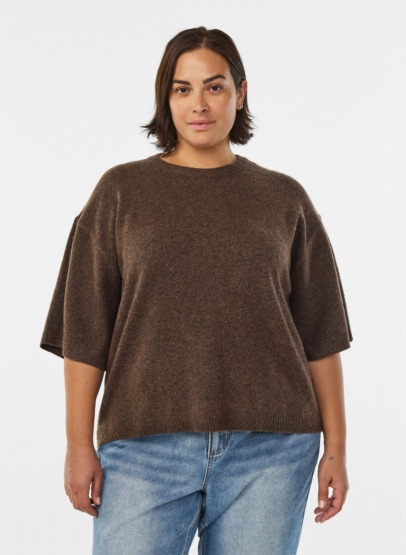 Loose knitted blouse with short sleeves, Brown, Model image number 0