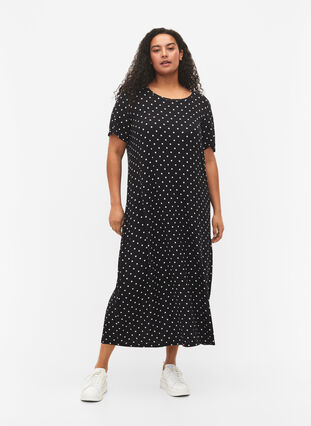 Viscose midi dress with short sleeves, Black Dot, Model image number 0