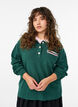 Knit blouse with polo collar and contrast stripes, Green, Model image number 0