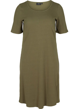 Short-sleeved dress in a ribbed fabric, Ivy Green, Packshot image number 0