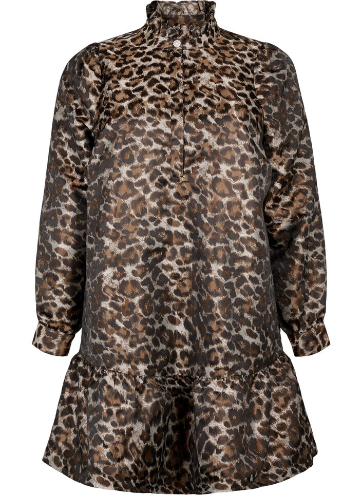 Short jacquard dress with leopard pattern, Brown Leo AOP, Packshot image number 0
