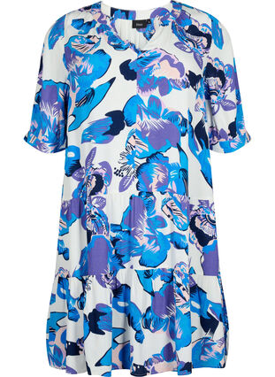 Viscose dress with print and half-length sleeves, Bright White AOP LE, Packshot image number 0