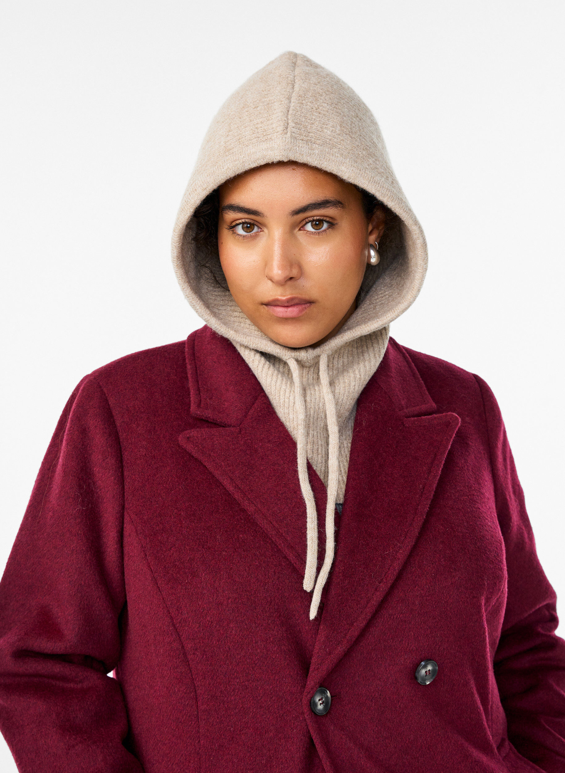 Knitted balaclava with drawstrings, Beige, Model