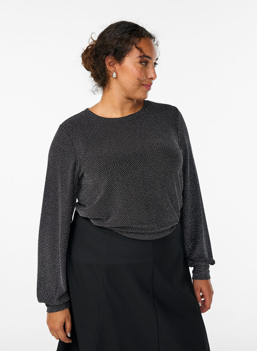 Blouse with herringbone pattern and glitter thread, Black, Model image number 0