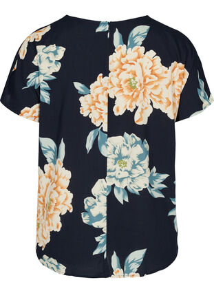 Printed short-sleeved viscose blouse, Roses on Navy, Packshot image number 1
