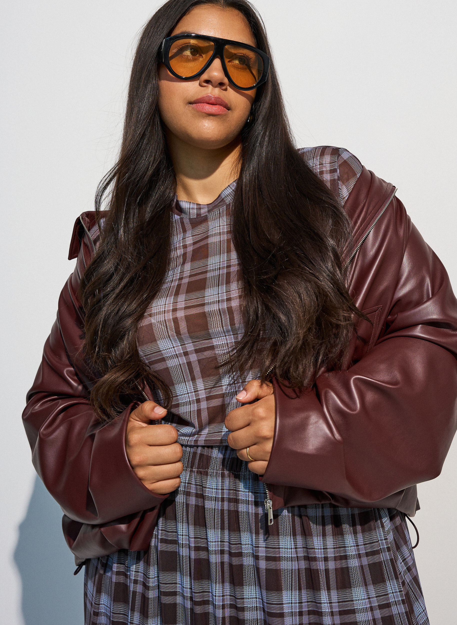 ZizzifashionFaux leather bomber jacket with a drawstring hem, Brown, Model image number 3