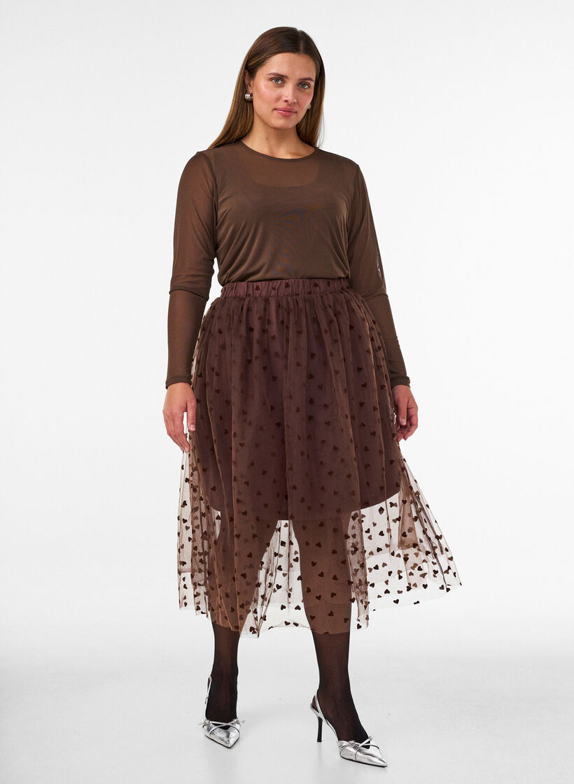 Midi tulle skirt with hearts, Brown, Model image number 0