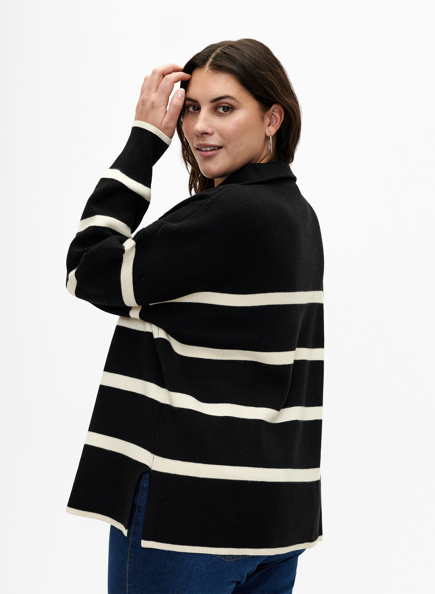 Zizzifashion Pullover with stripes and high collar	, Black w. Birch, Model image number 1
