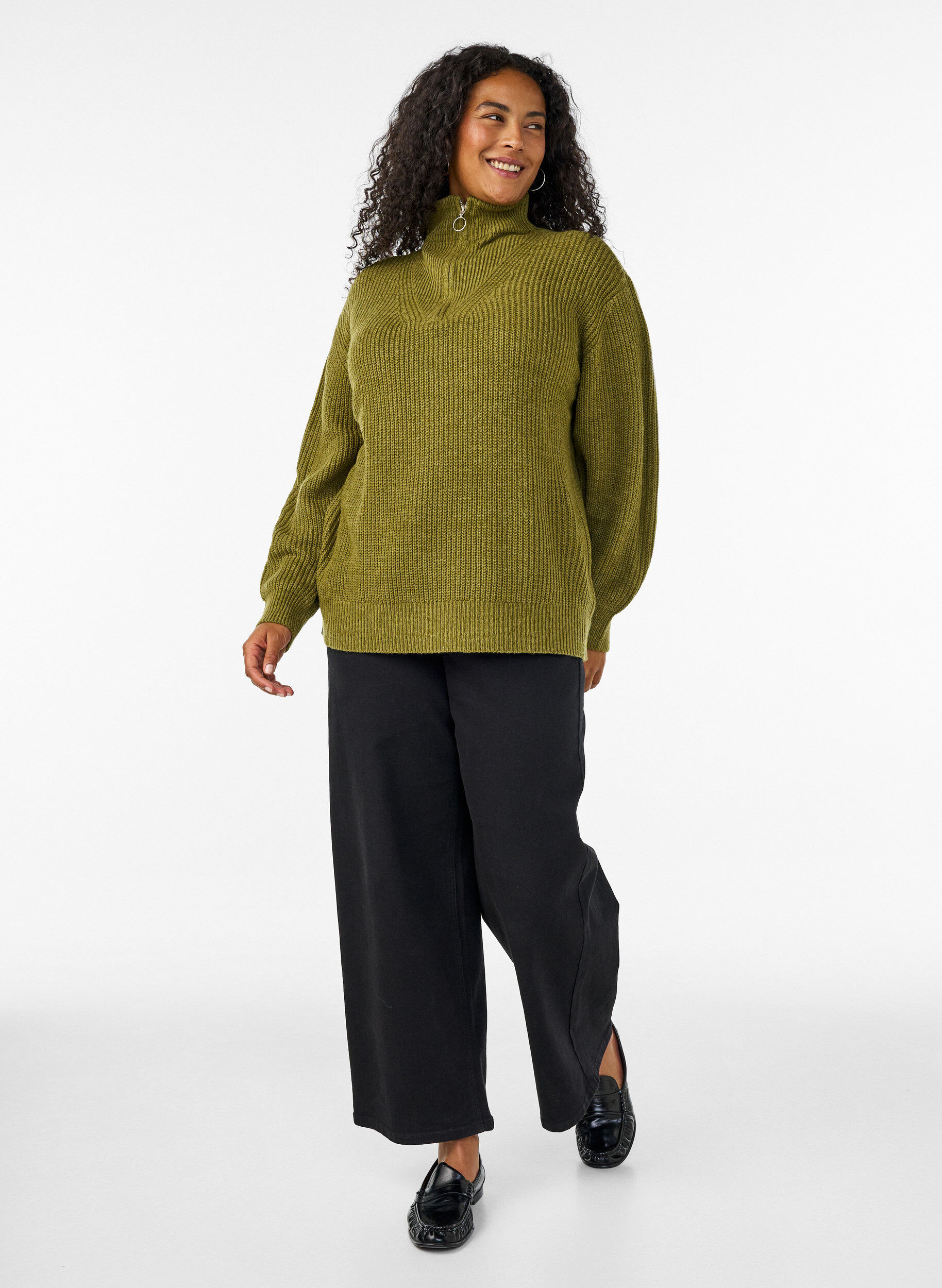 ZizzifashionKnitted sweater with high neck and zipper, Green, Model image number 1