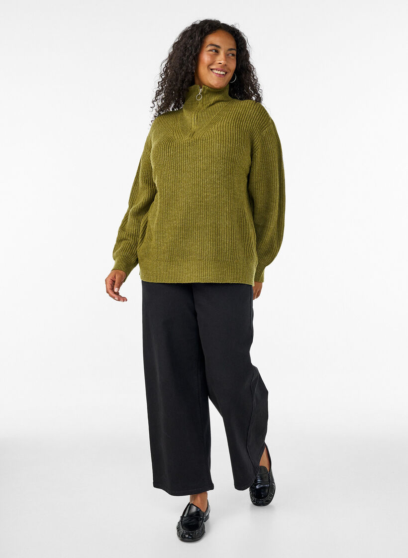 Knitted sweater with high neck and zipper, Green, Model image number 1