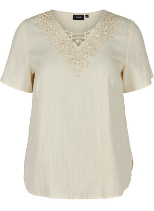 Short-sleeved blouse with a v-neck and embroidery, Beige As Sample, Packshot image number 0