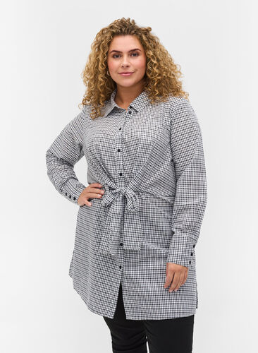 Checkered shirt tunic with tie detail, Black/White Check, Model image number 0