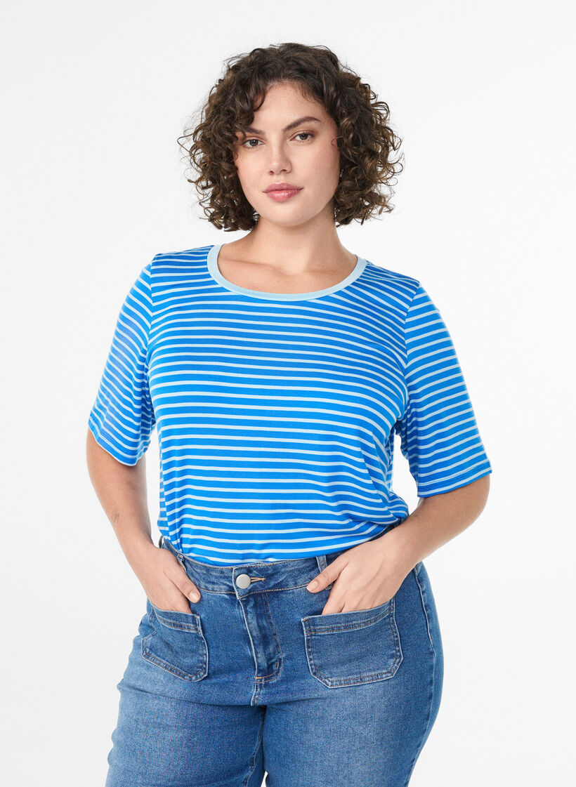 T-shirt with TENCEL™ Lyocell and stripes, Blue, Model image number 0