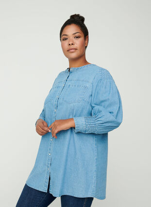 Long, cotton denim shirt, Blue denim ASS, Model image number 0