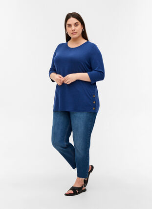 Blouse with 3/4 length sleeves and buttons, Twilight Blue Mel, Model image number 2