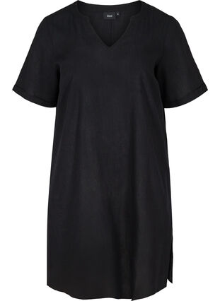 Short-sleeved dress in a cotton blend with linen, Black, Packshot image number 0