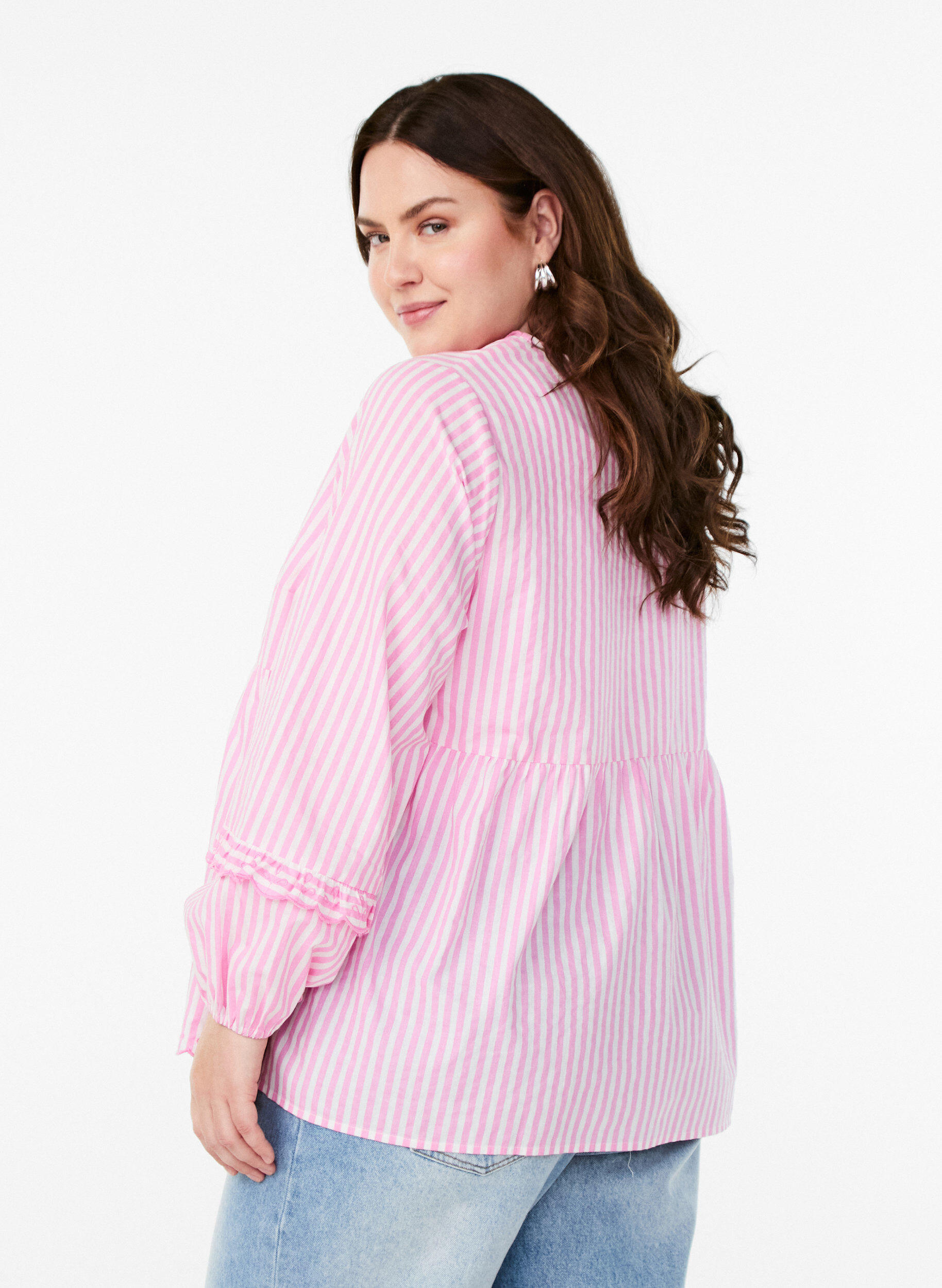 Zizzifashion Striped blouse with open front and embroidery details, Pink, Model image number 2