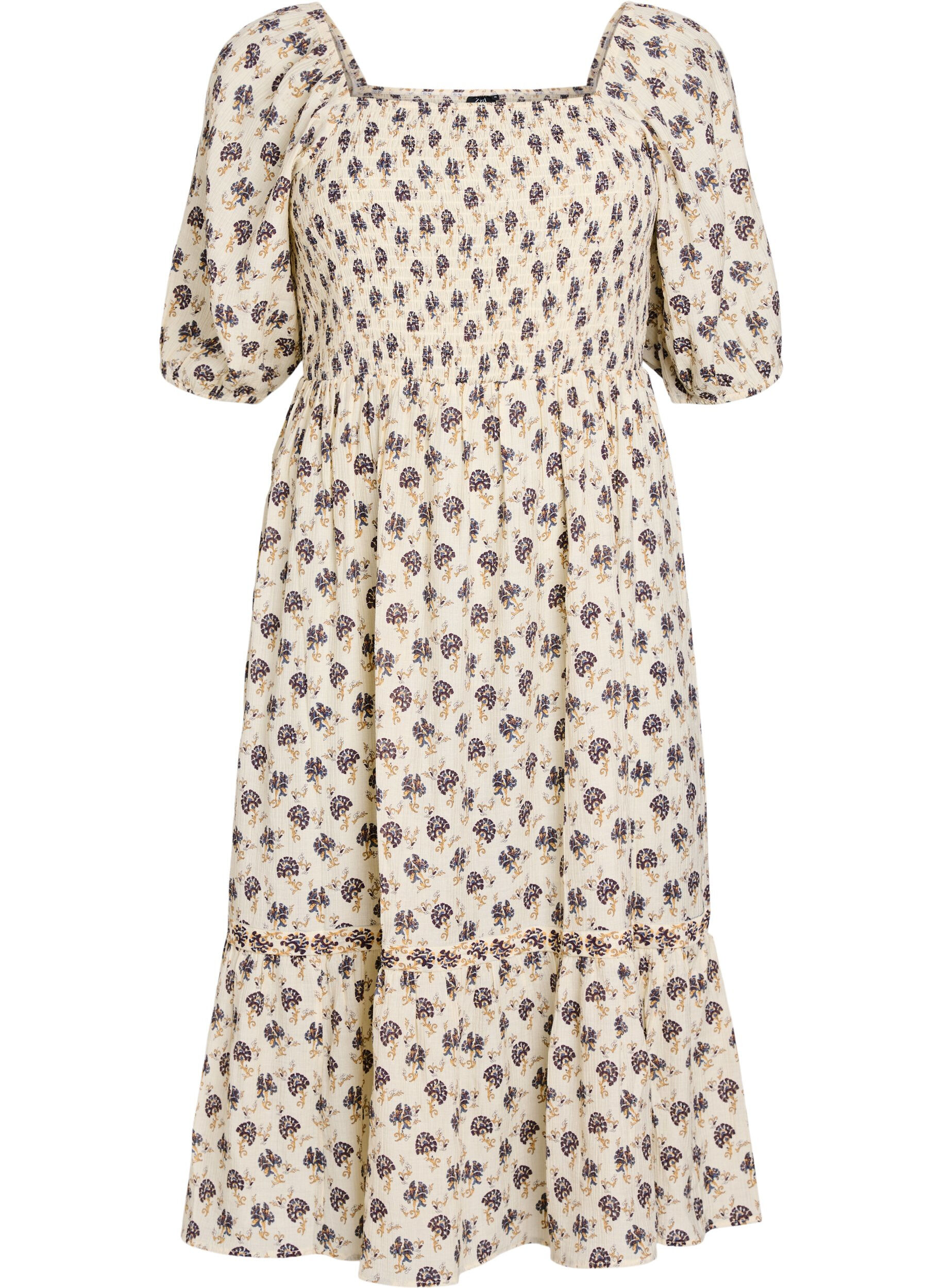 Zizzifashion Midi dress with print and smock detailing, Vanilla, Packshot image number 0