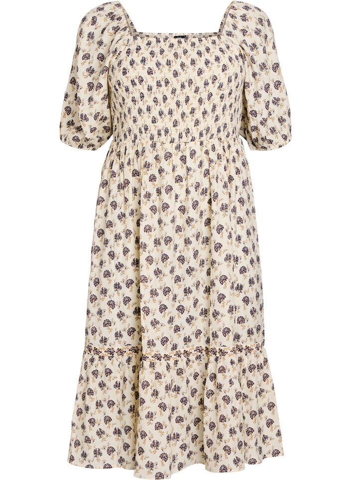 Midi dress with print and smock detailing, Vanilla, Packshot image number 0