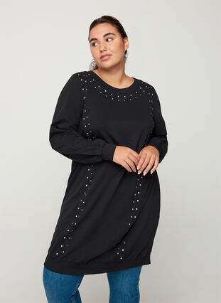 Cotton sweater dress with studs, Black, Model image number 0
