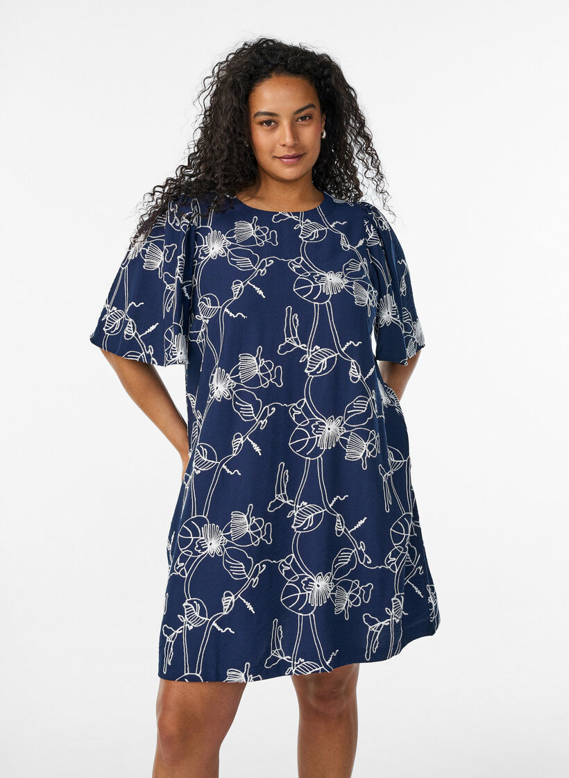 Short A-line dress with embroidered pattern, Blue, Model image number 0
