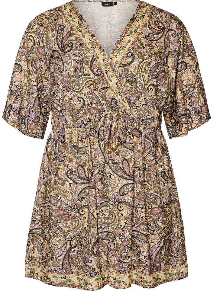 Viscose tunic with paisley print and tie-string, Yellow, Packshot image number 0