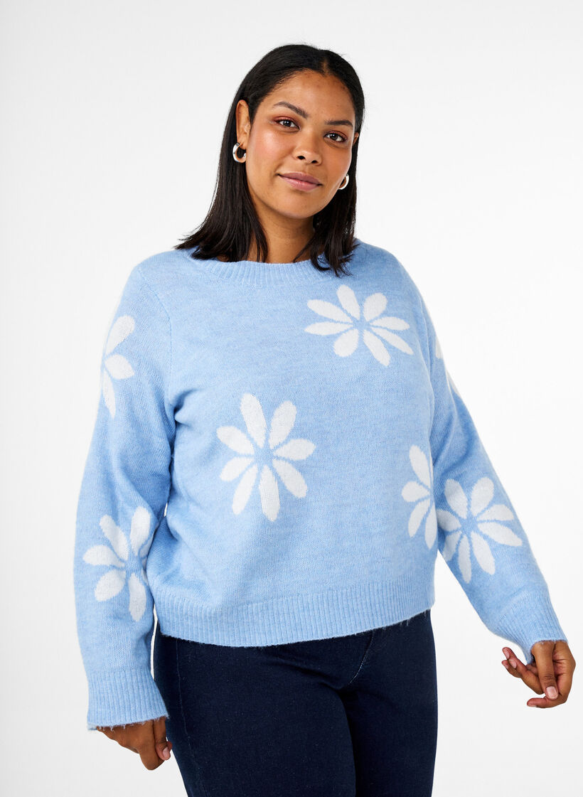 Knitted blouse with flowers, Della R. Blue Comb, Model image number 0