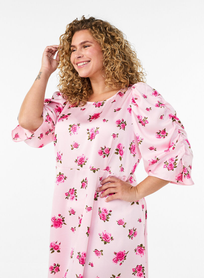 Floral midi dress with puff sleeves, Pink, Model image number 2
