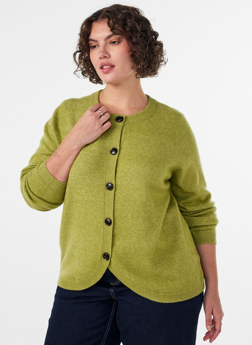 Cardigan with buttons and a rounded front, Green, Model image number 0