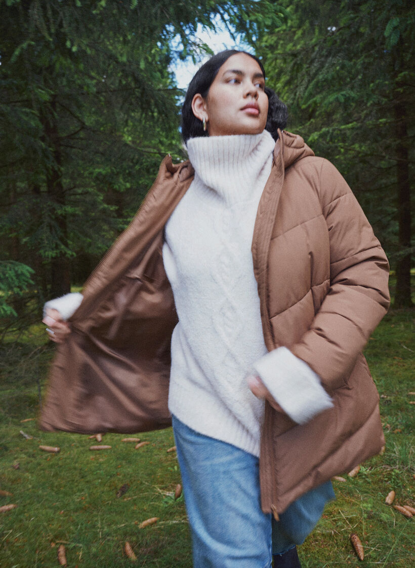 Mid-length puffer jacket with hood, Brown, Image image number 0