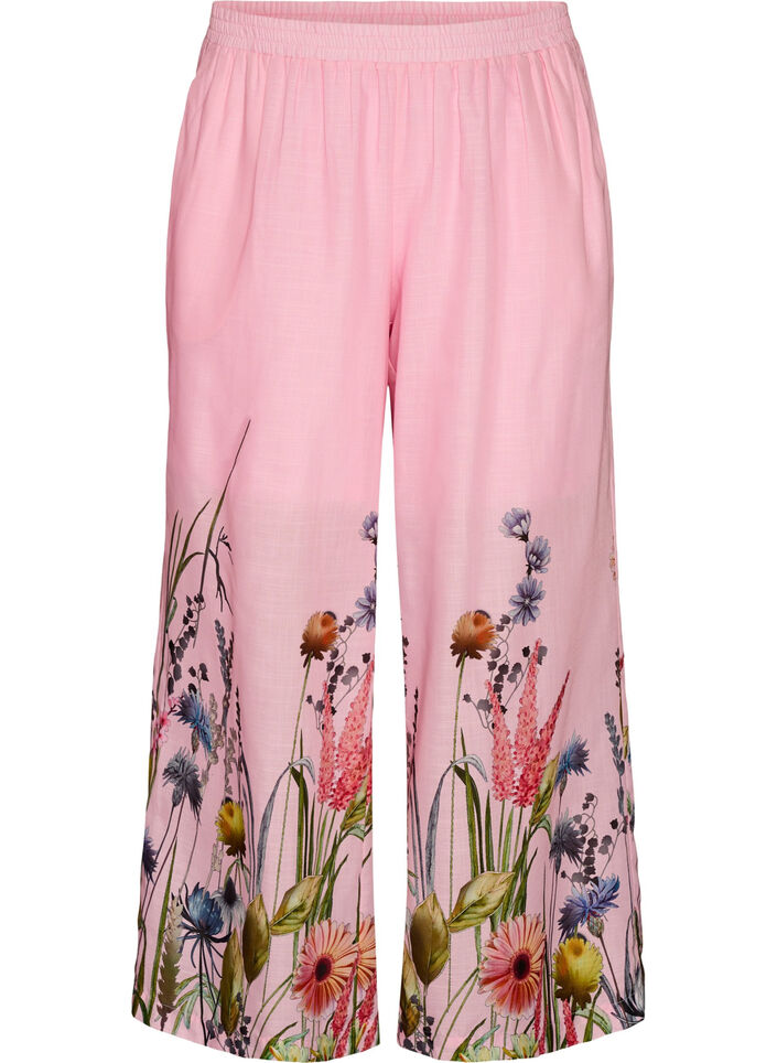 Trousers with floral print and wide legs, Pink, Packshot