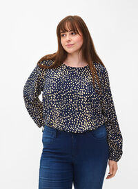 Blouse with puff sleeves, Navy B./Beige Dot, Model