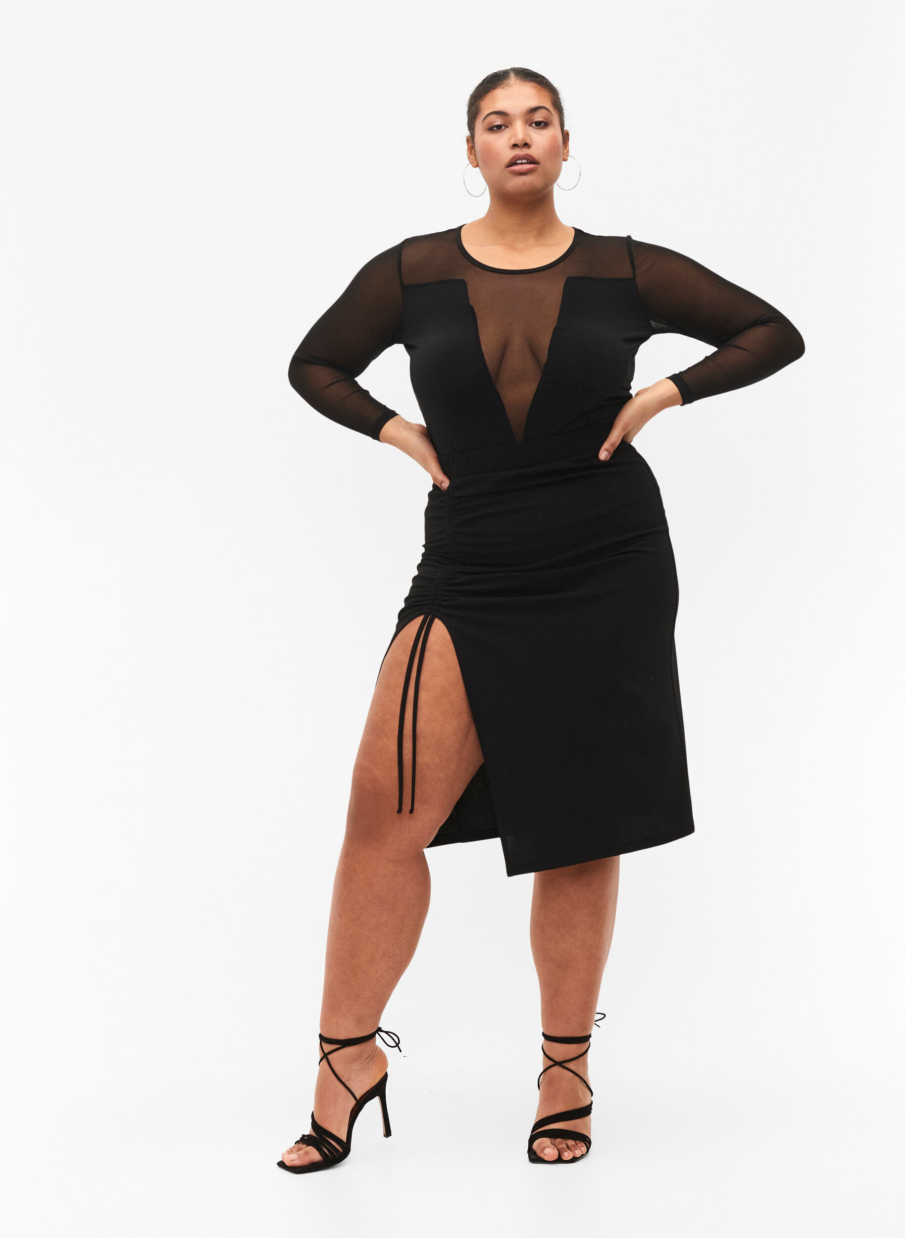 Zizzifashion Midi skirt with slit and ruched effect, Black, Model image number 3