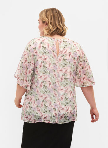 Blouse with floral print and slit on sleeve, Flower AOP, Model image number 1